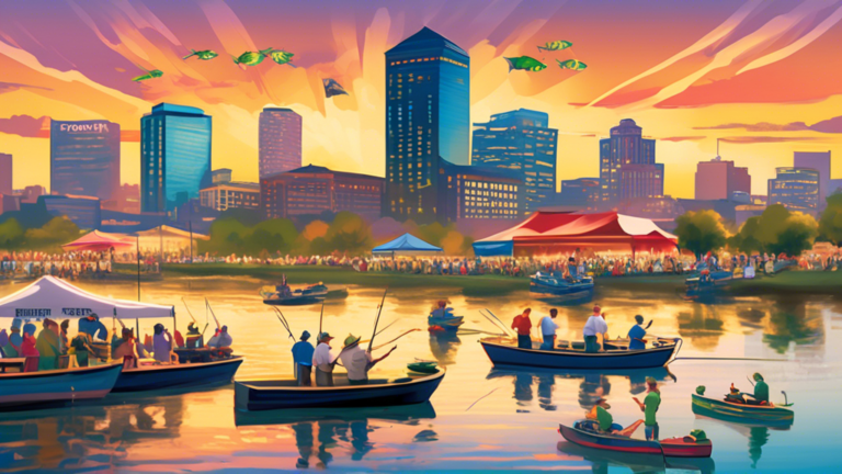 Create an image of a vibrant fishing tournament scene in Fort Worth, Texas. Highlight participants in boats on a scenic lake, catching fish with the city skyline in the background. Include banners and