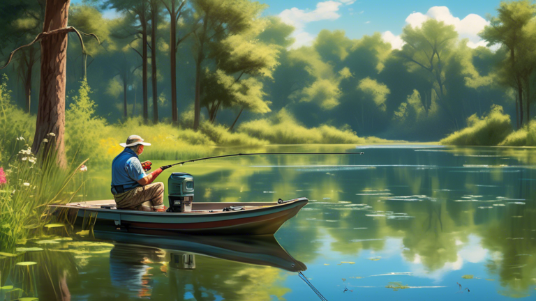 Create a detailed and vibrant scene of an angler peacefully fishing for bass on a sunny summer day in Texas. The fisherman stands on the banks of a picturesque lake surrounded by lush greenery, wildfl